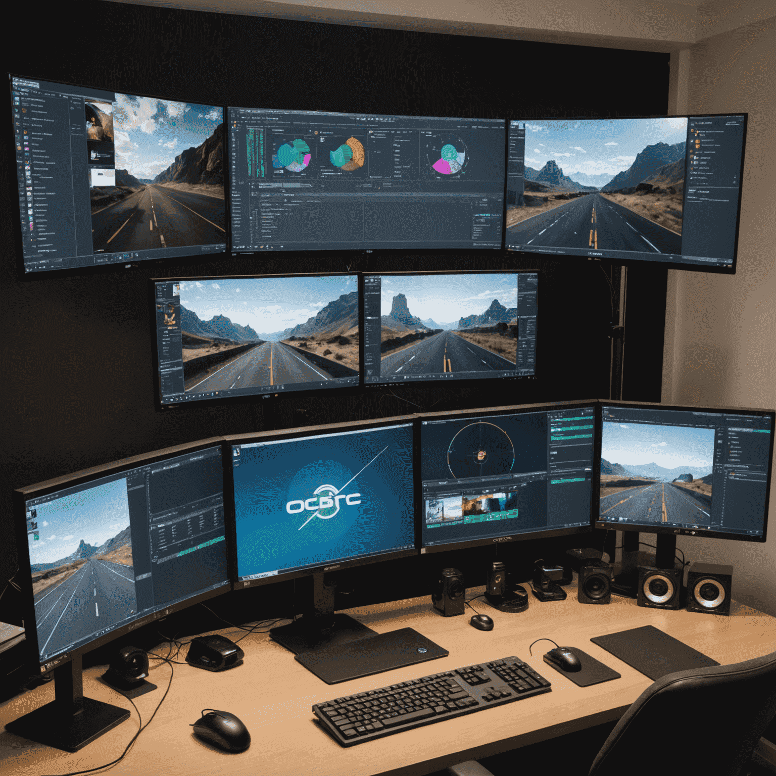 A split-screen image showing a professional streamer's setup with multiple monitors and an OBS Studio interface displaying advanced settings and real-time analytics