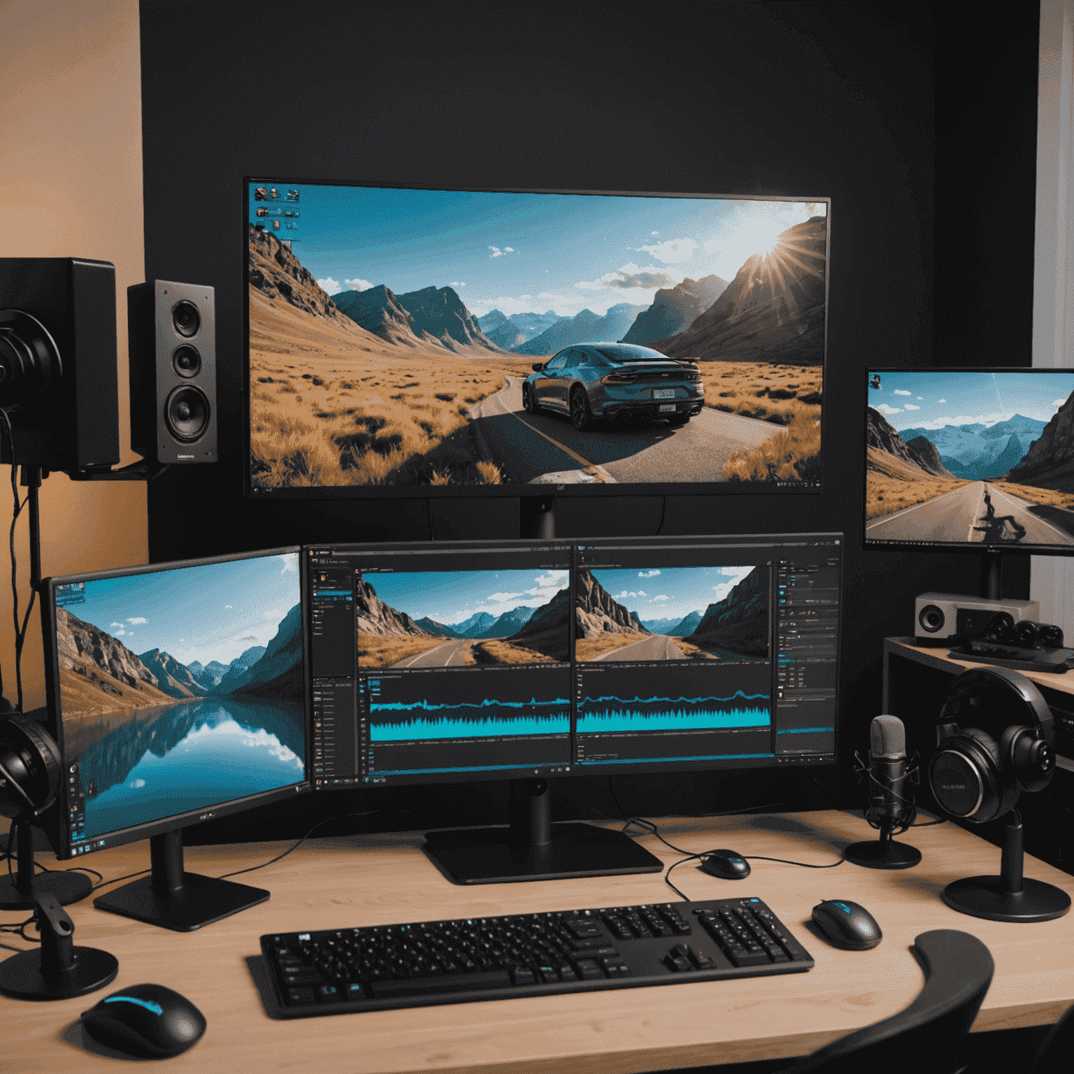 A split-screen image showing a professional streamer's setup with multiple monitors, advanced audio equipment, and OBS Studio's advanced settings panel